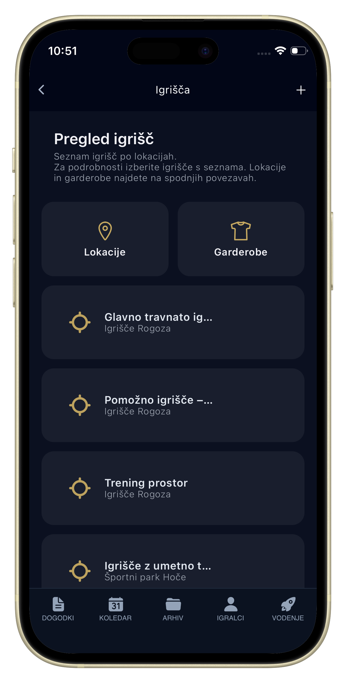 Seznam dogodkov v aplikaciji