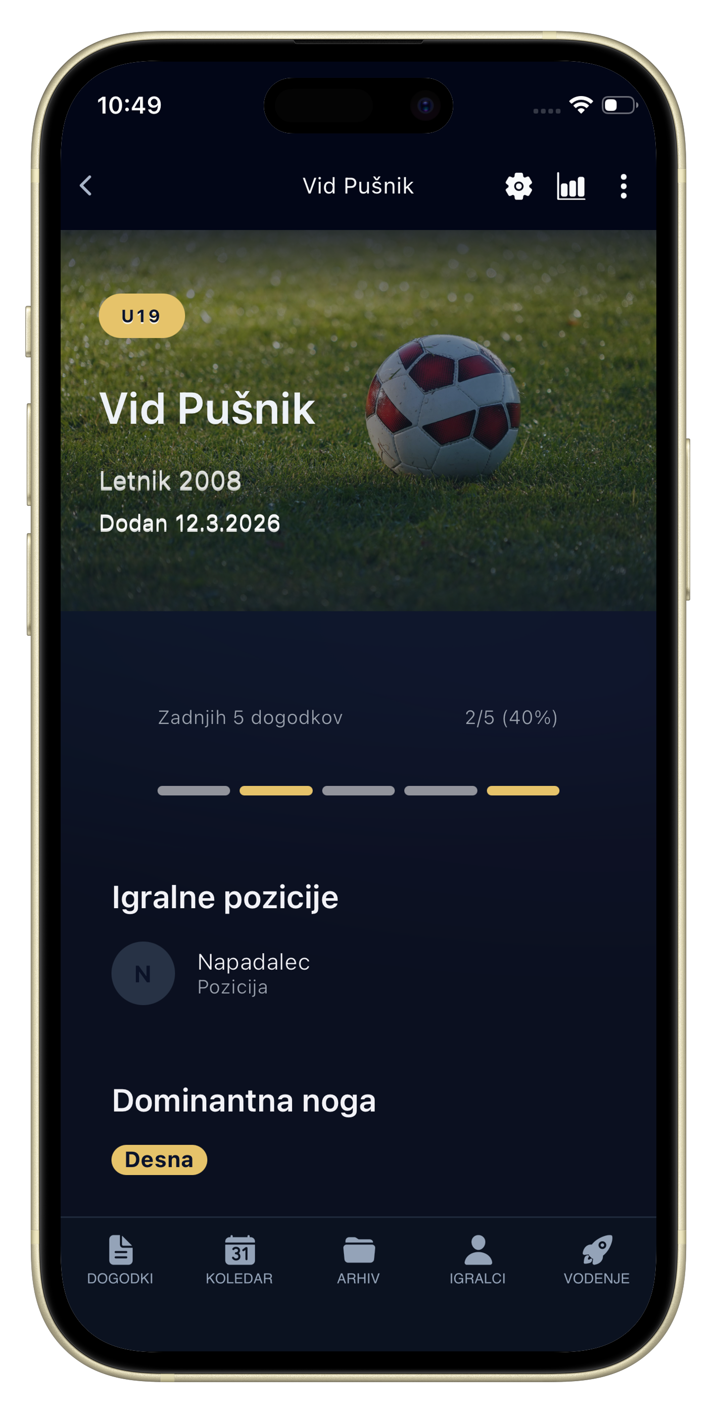 Podrobnosti igralca v aplikaciji